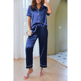 Ekouaer Pyjamas for Women Satin Pjs Set Two Piece Silk Pyjamas for Ladies Button Down Sleepwear Loungewear,Navy blue,M