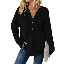 WNEEDU Womens Long Sleeve Tops Waffle Knit Hoodies Drawstring Button V Neck Casual Sweatshirt 2025 New Pullover Black M