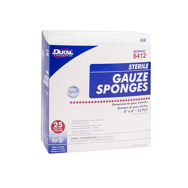 Dukal Gauze Sponge - Sterile, 4" x 4" 12-ply - Model 6412 - Box of 50