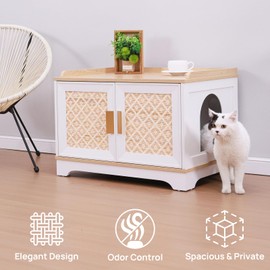 Boho Cat Litter Box Enclosure, Hidden Cats Washroom with Woven Rattan Doors, Stylish Wooden Cat Furniture, Multi-Functional House with Top Perch (29.6”L x 21”W x 20.8”H)