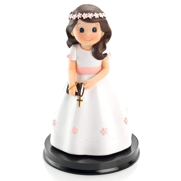 Figura tarta niña Comunión con vestido blanco, detalles flores y fajín en rosa. Recuerdo pastel Primera Comunión chica.