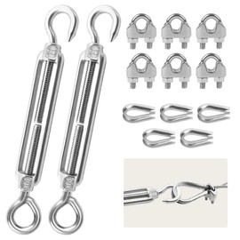 Wire Tensioner Stainless Steel, Pack of 2 Turnbuckles M6.5 Pieces Wire Rope Thimbles, 6 Pieces Rope Clamps, Adjustable Turnbuckles, Rope Tensioner with Hook Eyelet, for Rope, Awning, Garden Wire,