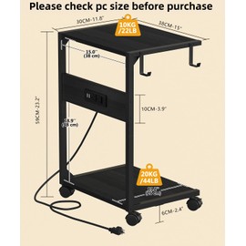 Akxomel 2 Tier Computer Tower Stand with Charging Station, 11.8"D x 16.5"W Rolling Floor PC Tower Stand Fits Under Desk, CPU Holder Cart for Carpet with Hooks, Home Office