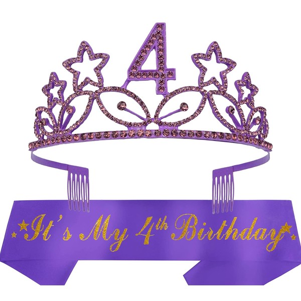 MEANT2TOBE 4th Birthday Sash and Tiara for Girls - Fabulous Glitter Sash + Stars Rhinestone Purple Premium Metal Tiara for Girls, 4th Birthday Gifts for Princess Party