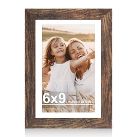 Hongkee 6x9 Picture Frame with Glass, Display Pictures 5x8 with Mat or 6 x 9 without Mat - Wall and Tabletop, 6 by 9 Photo Wooden Frames (Rustic Brown, 1 Pack)
