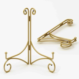 Gold Metal Easel Plate Stand, Decorative Iron Plate Holder for Picture Farme, Photo, Coolbook, Card, Platter, Decorative Plate, 10-inch, 2-Pack