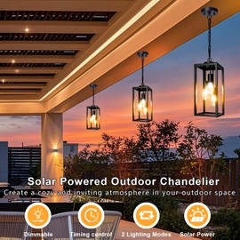 TWINKVILLA Solar Chandelier Outdoor, 3-Light 14" Rustic Farmhouse Waterproof Dimmable Hanging Pendant Lights for Gazebo, Pergola, Canopy, Porch, Patio Decor