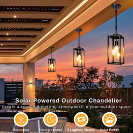 TWINKVILLA Solar Chandelier Outdoor, 3-Light 14" Rustic Farmhouse Waterproof Dimmable Hanging Pendant Lights for Gazebo, Pergola, Canopy, Porch, Patio Decor