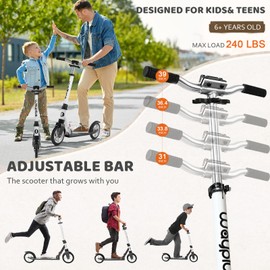 WAYPLUS Kick Scooter for Ages 6+,Kid, Teens & Adults. Max Load 240 LBS. Foldable, Lightweight, 8IN Big Wheels for Kids, Teen and Adults, 4 Adjustable Levels. Bearing ABEC9