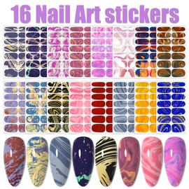 WOKOTO 16 Sheets Marble Design Nail Polish Strips Full Nail Wraps for Women Nails Gel Stickers Gradient Fingernail Stickers Gel Nail Stickers for Nails Gel Nail Strips Press On Nails for Girls