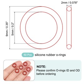 MECCANIXITY Silicone O-Ring 5mm ID 9mm OD 2mm Width Metric VMQ Sealing Gasket Replacement 50A Durometer O Rings for Plumbing Compressor Faucets Valves Repair (Red, Pack of 50)