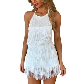 Womens Country Concert Fringe Dress - Western Cowgirl Outfit Backless Halter Elastic Jumpsuit Rodeo Festival Romper(White,S,1074e)