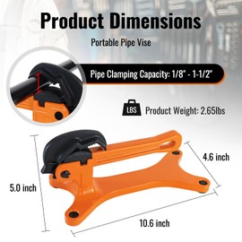 YHK Portable Pipe Vise, Aluminum Lightweight Portable Pipe Vise for 1/8" to 1-1/2" Pipes, Non Slip Clamp Jaw with Serrated, Ideal for Plumbing Operations (Orange)