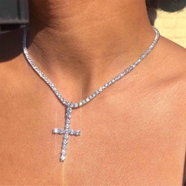 Allereya Vintage Crystal Cross Necklace Rhinestone Cross Pendant Necklace Silver Cz Tennis Chain Choker Necklace Retro Cross Choker Necklace Jewelry for Women and Girls