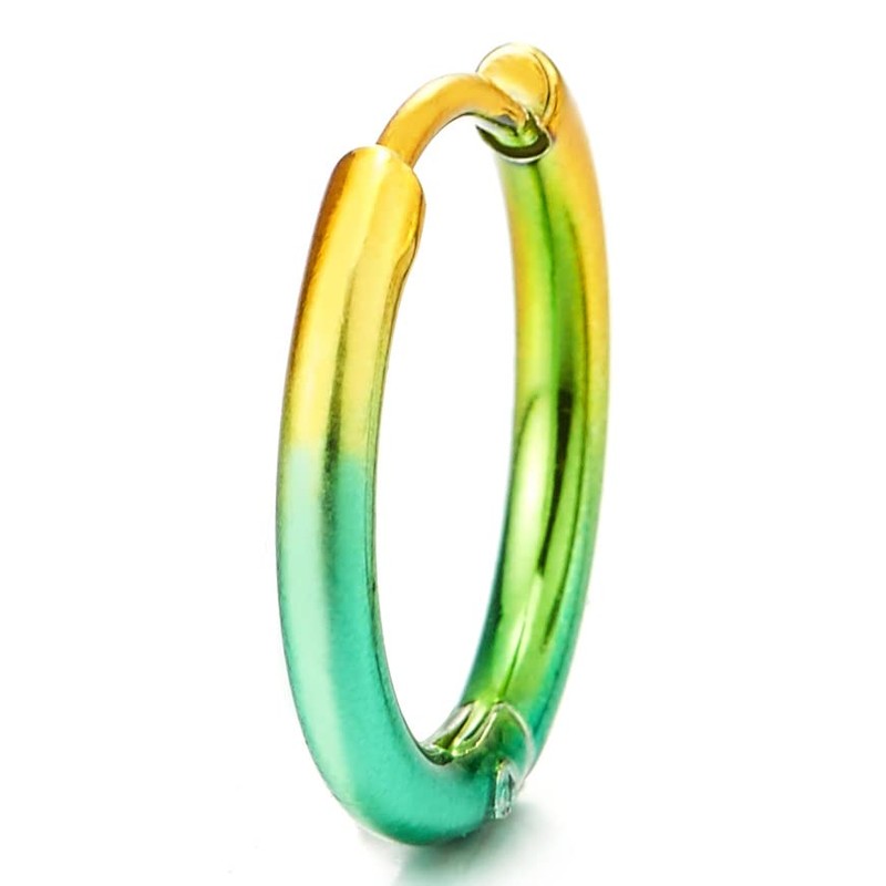 Pair Stainless Steel Oxidized Yellow Green Plain Circle Huggie Hinged