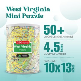 Geotoys West Virginia Mini State Puzzle – 100 Piece Puzzles for Kids and Adults in Portable Can, 13" x 10" Educational Travel Puzzle for Ages 7 and Up – Mini Puzzles to Learn & Explore Geography