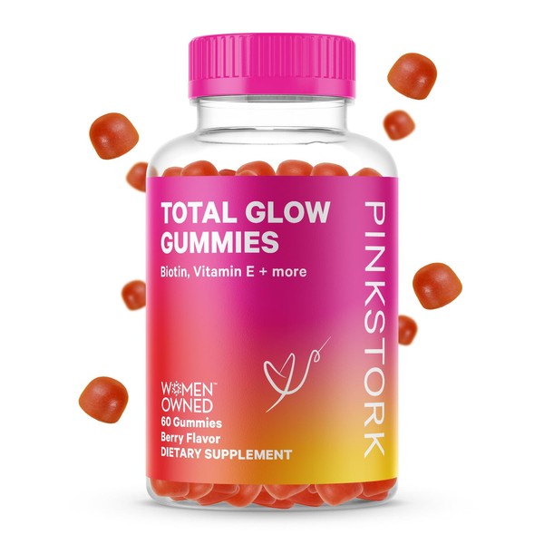 Pink Stork Total Glow Gummies: Biotin Vitamins for Hair Skin and Nails, Added Vitamin A, E, Folate, B6, and B12 for Hair Growth, Radiant Skin, and Nail Strengthening, 60 Berry Biotin Gummies