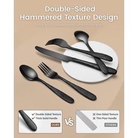 Hammered Silverware Set for 8, Heavy Duty Black Flatware Set with Steak Knives, Aswwid 48 Piece Stainless Steel Kitchen Cutlery Set Include Forks Spoons and Knives, Mirror Utensil Sets Dishwasher Safe