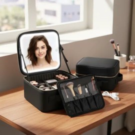 Maletin Estuche De Maquillaje Con Espejo Y Luz Led 3 Modos                                                                                            