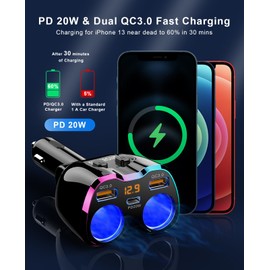 SUPERONE 2024 Upgraded Cigarette Lighter Splitter, SUPERONE 180W 2-Socket Cigarette Lighter Adapter with Dual QC3.0 and 20W PD USB C Car Charger Splitter for GPS/Dash Cam/Laptop/iPad/iPhone 16/15/14/13/12/11