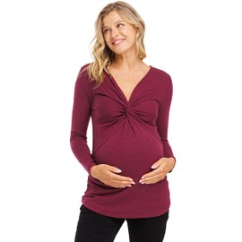 LaClef Women's V Neck Knot Long Sleeve Sweater Knit Materntiy Top (Burgundy, Medium)