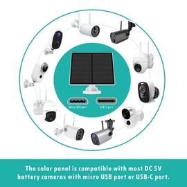 5W Solar Panel for Security Camera Outdoor, 5V USB Solar Panel Charger Compatible with Rechargeable Battery Powered Cam, IP65 Waterproof, 9.8ft Cable, 360° Adjustable Bracket