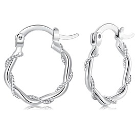 925 Sterling Silver Hoop Earrings for Women, White Gold Plated Silver Hoops Earrings, Hypoallergenic Silver Sleeper Twisted Hoop Earrings, 16mm Hoop Earring, Birthday Jewelry Gift for Women