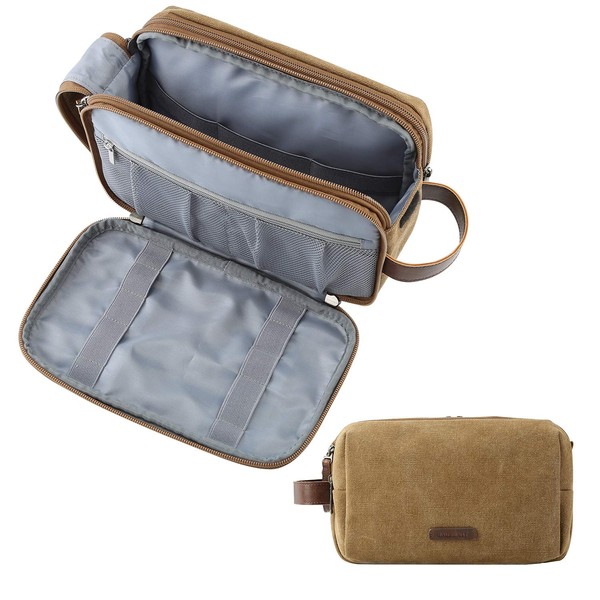 Bagsmart Toiletry Bag for Men Travel Shaving Dopp Kit Water-Resistant Cosmetic Bag Travel Organizer for Accessories (Canvas Khaki Medium)