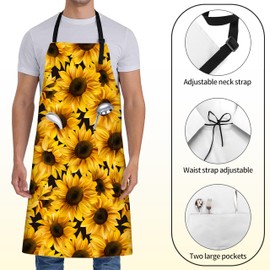 ainori Sunflower Apron for Women with Floral,28x33in,Bright Yellow Flower Black Kitchen Aprons with 2 Pockets,Oxford Fabric Adjustable,For Cooking Baking Gardening Chef,Gifts for Mom Wife
