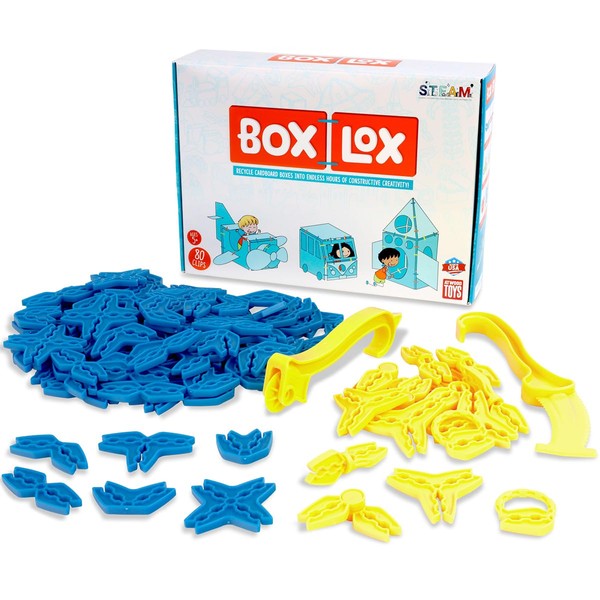 Atwood Toys Box Lox 98 pcs Creative Cardboard Building kit - Construction Toys for Girls and Boys Educational STEM (Blue Deluxe)