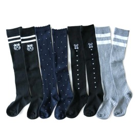 Box408 Kids' Knee High Socks, 4 Pair Set, Girls, Black, Gray, Monotone, Girly Taste, Junior, Children, Over the Knee, Black