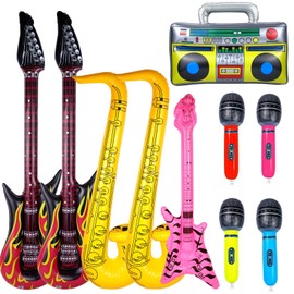 Naturahand 10pcs Inflatable Instruments Party Props Rock Star Toy Set Inflatable Saxophone Bass Rock Microphone Rock Electric Guitar Recorder Suitable for Various Music Parties
