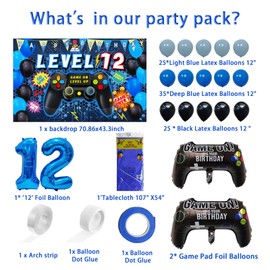 Vlipoeasn 90PCS Video Game Party Decorations for Boys Set - Blue 12th Birthday Supplies - Video Game Backdrop, Balloons, Tablecloth, Gamer and 12 Foil Balloons