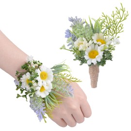 2Pcs White Daisy Corsage Wrist Flower Set Artificial Hand Flower and Boutonniere Set for Homecoming Graduation Prom Bridal Wedding Party