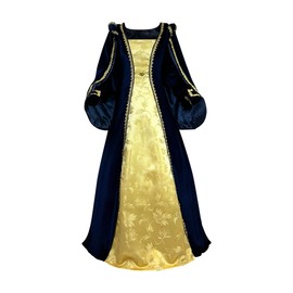 Women's Velvet Ren Tudor Gown Gold Trim Baroque Damask Layered Floor Length Renaissance Luxury Costume (Large, Navy Blue)