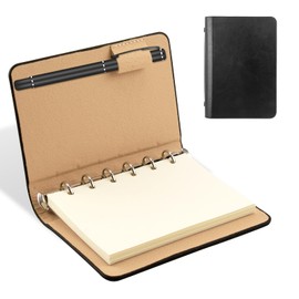 Notizbuch A7 Kleines mit Lederumschlag, Ringbuch A7, Notizbuch Klein, 6 Ring Ringbuch Mini Notiz-buch mit Nachfüllbarem Papier, Kompakt und Tragbar für Schule, Büro, Schreiben und Zeichnen, Schwarz