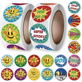 ExceLife 1000 Pcs Reward Stickers for Kids, School Training and Motivational Stickers Classwork Award Stickers Teacher Supplies for Classroom, 2 Rolls 16 Styles Labels (Star)