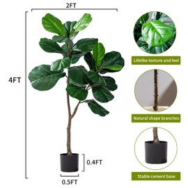 Artificial Fiddle Leaf Tree-4ft Faux Plant Fake Ficus Lyrata Tree Artificial Fig Silk Trees with Pot Floor Plants for Home Living Room Decor Indoor