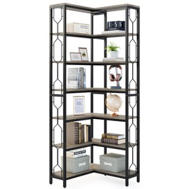 LITTLE TREE Corner Shelf, 7-Tier Industrial Corner Bookshelf, Wood and Metal Corner Etagere Bookcase, Freestanding Display Shelf for Living Room, Kitchen, Home Office, Grey