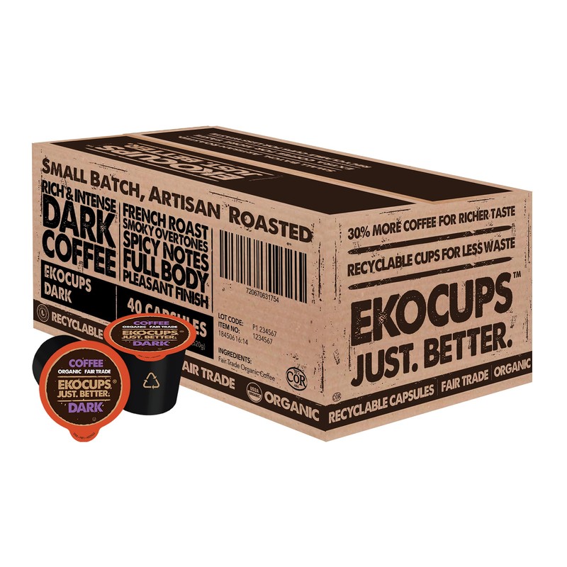 EKOCUPS Organic Dark Roast Coffee Pods, Strong Bold Dark Roast