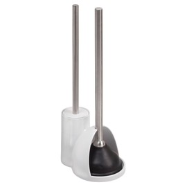 iDesign Plastic Toilet Bowl Plunger Set, Slim Compact Combo, 7.5" x 6" x 19", White and Brushed Stainless Steel