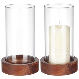 WEBEEDY 2 Sets Hurricane Glass Candle Holders Pillar Candle Holder with Wood Plate Base, Table Decorative, Holder Table Centerpieces for Wedding, Birthday Party, Christmas, Kitchen