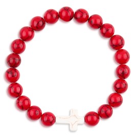 Cross Bracelet- Gemstone Bracelet with Turquoise Beads and Cross Pendant,Red Turquoise Bracelet, Baptism Communion Natural Stone Bracelets (Red Turquoise)