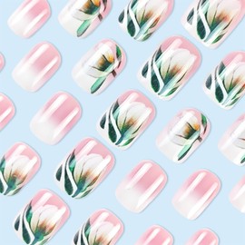 24 Pcs Pink Press on Nails Short Square Flower Fake Nails with Pink White Gradient Acrylic Nails Design Stick on Nails Spring Summer Floral False Nails French Full Cover Glue on Nails for Women