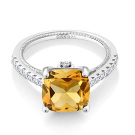 Gem Stone King 925 Sterling Silver Yellow Citrine and White Created Sapphire Ring For Women (3.87 Cttw, Cushion 10MM, Gemstone Birthstone, Available in size 5, 6, 7, 8, 9)