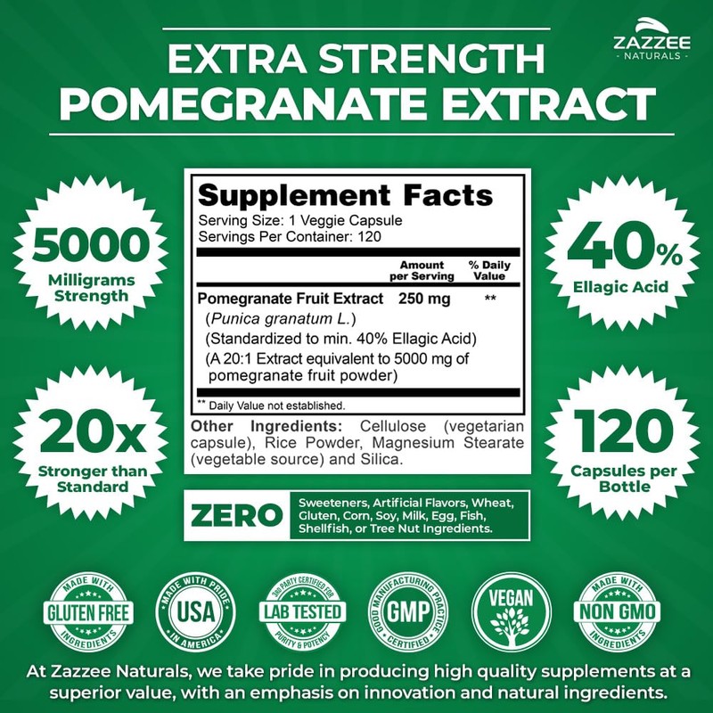 Zazzee Extra Strength Pomegranate 20:1 Extract, 5000 mg Strength, 40%