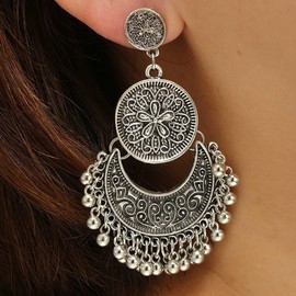 Tseenyi Gypsy Dangle Chandelier Earrings Vintage Gypsy Stud Earrings Silver Indian Traditional Dangle Earring Ethnic Middle East India Stud Beads Tassel Drop Earrings, Zinc