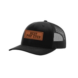 Men's Best Pop Ever Father's Day Laser Engraved Leather Patch Trucker Hat, Black/Black