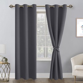 Hiasan Grommet Blackout Curtains for Bedroom, 42 x 84 Inches Long - Thermal Insulated & Light Blocking Window Curtains for Living Room, 2 Drape Panels Sewn with Tiebacks, Dark Grey