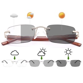 2 Pack Rimless Spring Hinge Photochromic Sun Readers Blue Light Blocking Computer Reading Glasses UV400 Protection Transition Sunglasses Shades Anti Glare Eyewear Gaming Eyeglasses for Men Women